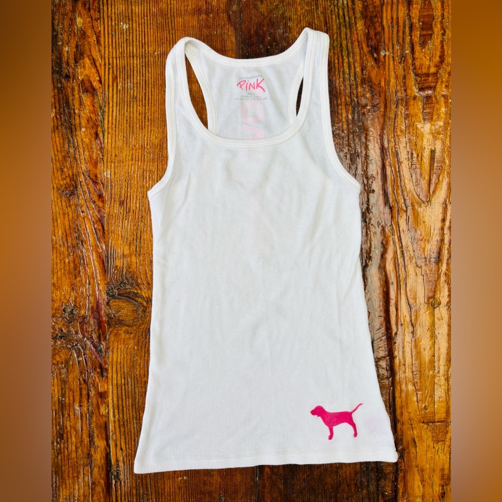 PINK Victoria's Secret White Racerback Tank with Hot Pink Vertical Logo